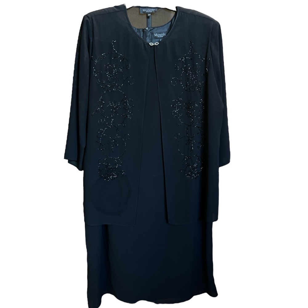 Montee EUC 2 piece black sheath dress set and black sheer beaded jacket Size 20W